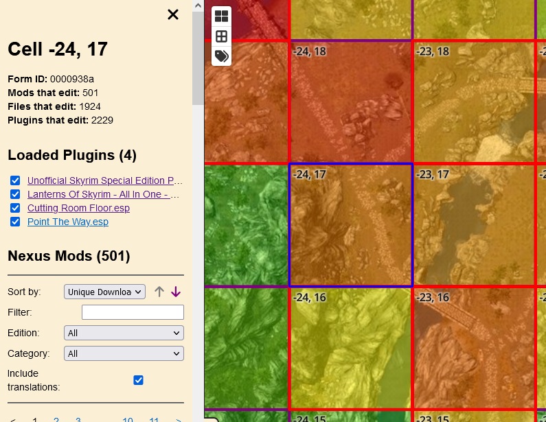 Screenshot of modmapper.com with a conflicted cell selected on the map and 4
Loaded Plugins displayed