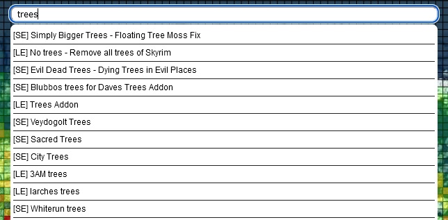Screenshot of modmapper.com with "trees" entered into the search bar with a
number of LE and SE mod results listed underneath in a
dropdown