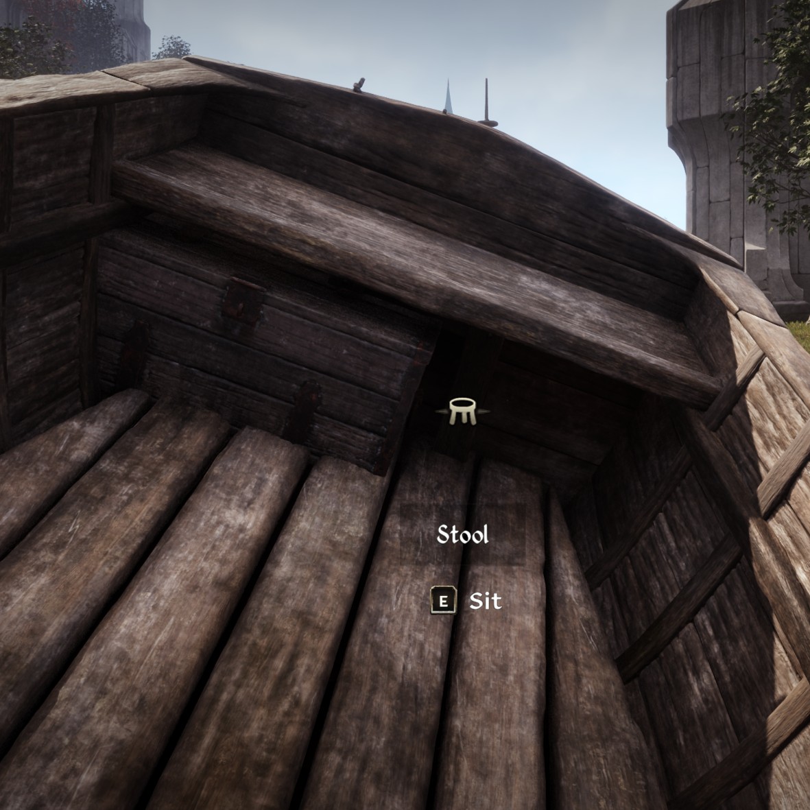 Screenshot of the rowboat pitched and tilted at an extreme angle and the chest and stool misplaced too far left and back from where they should be