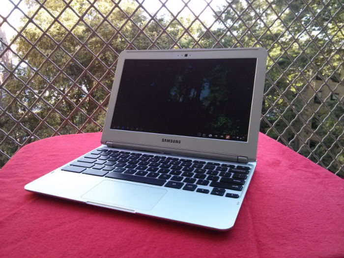 Samsung Chromebook open on a
porch