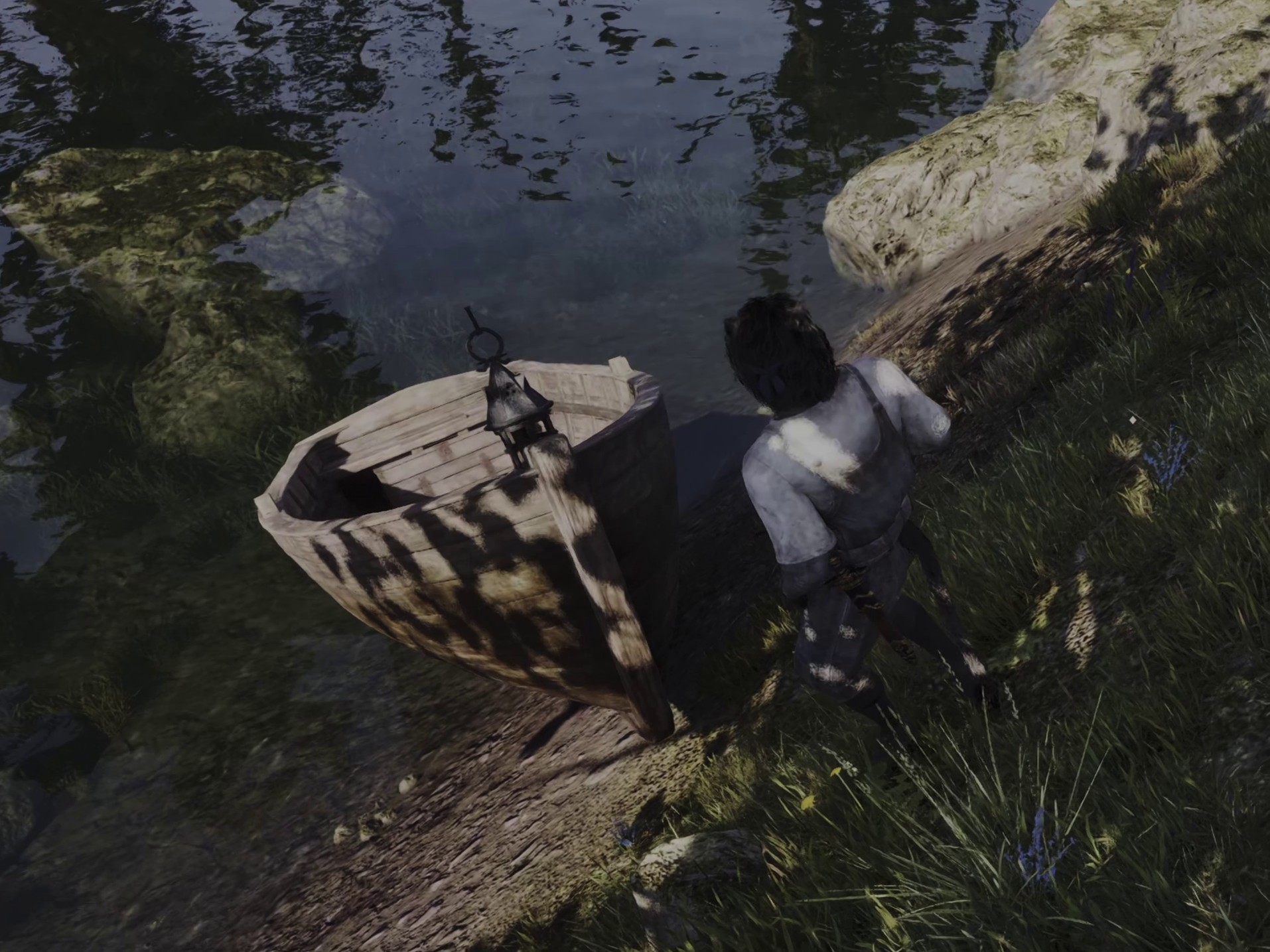 Screenshot of dragging the rowboat up a steep hill, the boat is pitched up to match the slope of the terrain