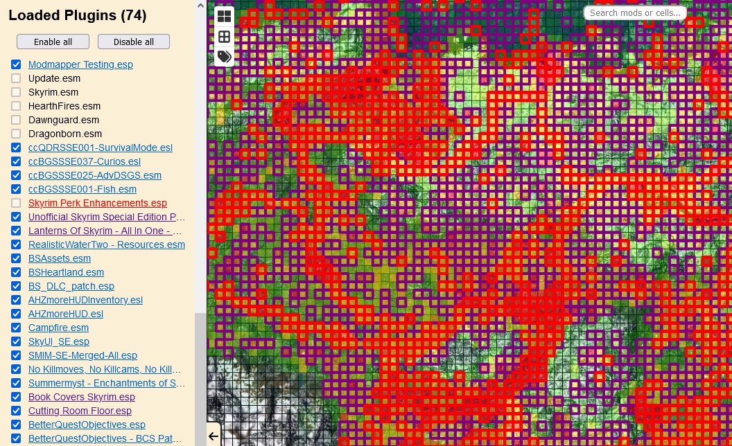 Screenshot of modmapper.com with 74 Loaded Plugins and the map filled with
purple and red boxes
