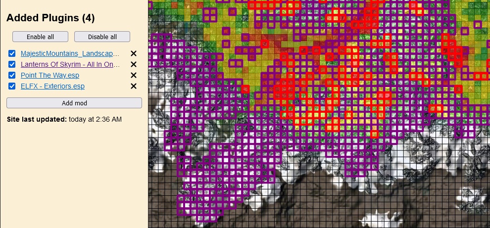 Screenshot of modmapper.com with 4 Added Plugins and the map covered in purple
and red boxes