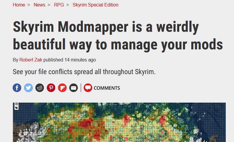 Screenshot of PC Gamer article titled "Skyrim Modmapper is a weirdly
beautiful way to manage your mods" by Robert Zak published April 20,
2022