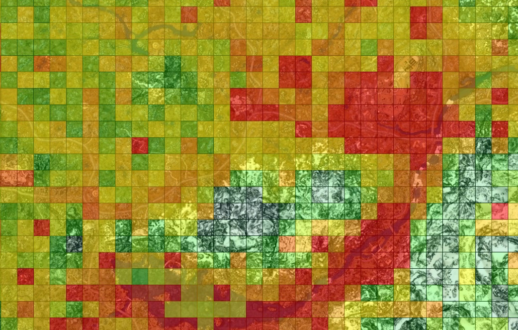 Screenshot closeup of modmapper.com displaying a grid of colored cells from
green to red overlaid atop a satellite map of
Skyrim