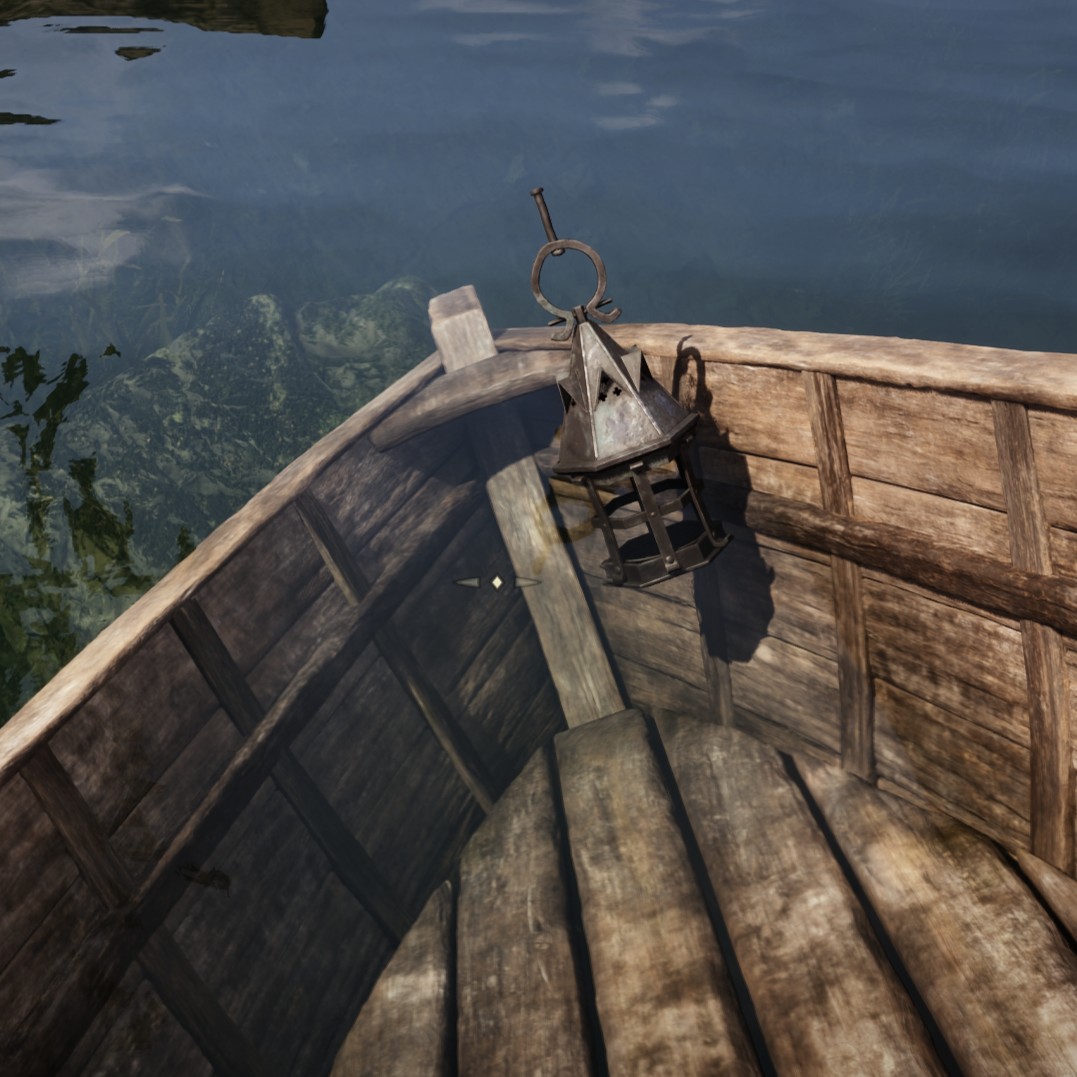 Screenshot of the rowboat pitched and tilted at an extreme angle and the lamp misplaced too far right and down from where it should be