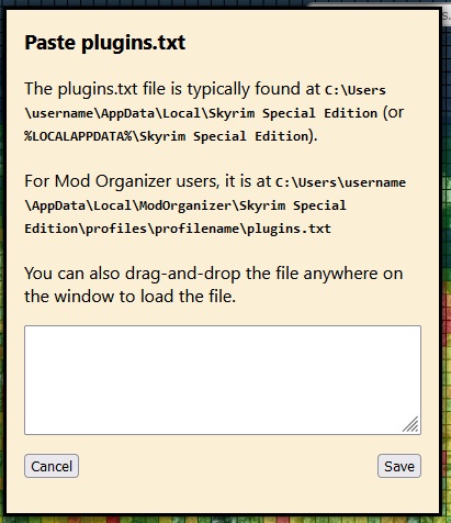 Screenshot of modmapper.com with the Paste plugins.txt dialog
open